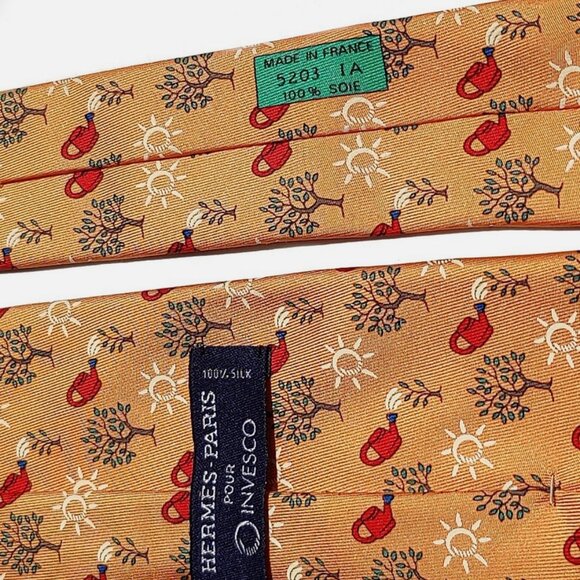 Rare hermes tie - Gem HERMÈS TIE - Ltd. Ed. / RARE INVESCO Money Tie! Orange w Sun Money Trees XL